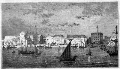 Näkymä Sansibarin kaupungista Afrikassa. Vasemmalla Ranskan konsulaatti. Oikealla sulttaanin palatsi ja arsenaali. Kaiverrus kirjaan "The Universe Illustrious" tekijältä Unknown artist