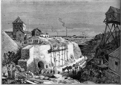 Näkymä Villejuifin juomavesisäiliöiden rakennustyömaalta. Kaiverrus "" Le Monde Illustré" -julkaisussa nro 1300, 25. helmikuuta tekijältä Unknown artist