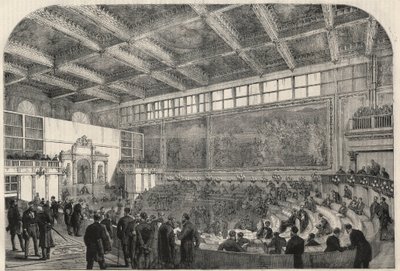 Näkymä kansanedustajahuoneesta Palazzo Vecchiossa Firenzessä, Italiassa. Kaiverrus "" L