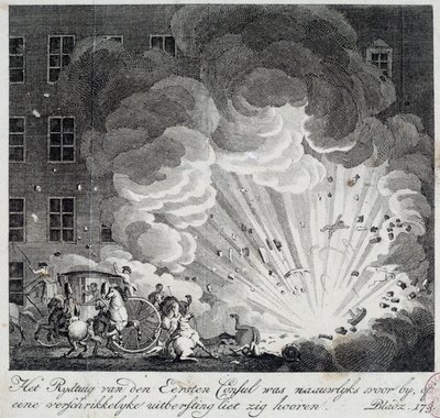 Näkymä helvetin koneen räjähdyksestä rue Saint Nicaise -kadulla Pariisissa 3. nivose IX. Helvettikoneiston salaliitto on salaliitto tappaa Napoleon Bonaparte, uusi ensimmäinen konsuli 18 Brumairen vallankaappauksen jälkeen. Sisään tekijältä Unknown artist