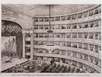 Näkymä oopperan Alban herttua ensiesittelystä Teatro Apollossa, Roomassa tekijältä Unknown artist