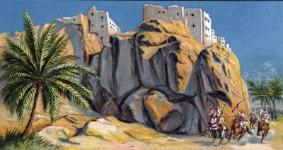 Näkymä Al-Hadjarenin (Alhadjaren) linnoitettuun kaupunkiin, Jemen (View of Al Hadjaren, Jemen) 1930-luvun kromolitografia Yksityiskokoelma tekijältä Unknown Artist