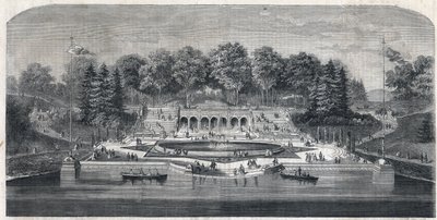 Näkymä puutarhaan "" Central Park"" New Yorkissa, Yhdysvalloissa. Frederick Law Olmstedin (1822-1903) ja (1824-1895) arkkitehtuuri Manhattanin alueella. Kaiverrus "Maailmankaikkeudessa" tekijältä Unknown artist