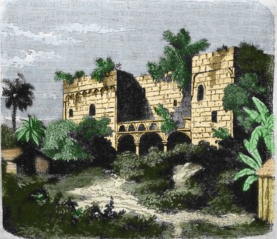 Näkymä talosta "" Alcazar de Colón", jonka Christopher Columbus rakensi pojalleen Diego Columbukselle (Diego Colon y Moniz) (1480-1526), Santo Domingon saarella. Kaiverrus 1800-luvulta. tekijältä Unknown artist