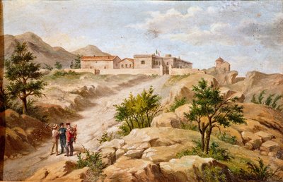 Näkymä Italian patriootin ja Risorgimento Giuseppe Garibaldin (1807-1882) sankareiden talosta a Caprera (Sardinia) Garibaldi on kahden talonpojan kanssa kuvan vasemmalla puolella. Nimetön maalaus 1800-luvun Rooman Museo del Risorgimentosta tekijältä Unknown artist