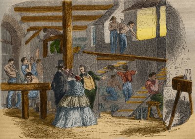 Näkymä lasiesineen sisältä lasipuhaltimilla. Kaiverrus vuodelta 1856 "" Le Musee Des Sciences "" tekijältä Unknown artist