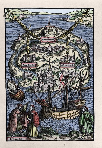 Näkymä Utopian saarelle (Utopia) Thomas Moren (1478-1535) kirjasta, "" Utopian hiljattain eristävän tasavallan optimaalinen tila". Kaiverrus Johann Froben. 1518. tekijältä Unknown artist