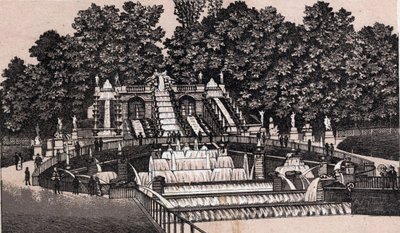 Näkymä suurelle vesiputoukselle Saint Cloudin puistossa (Saint-Cloud), Ranska. kirjassa "" Maailma havainnollistaa 168 näkymää"" Päiväämätön (1800-luvun loppu) tekijältä Unknown artist
