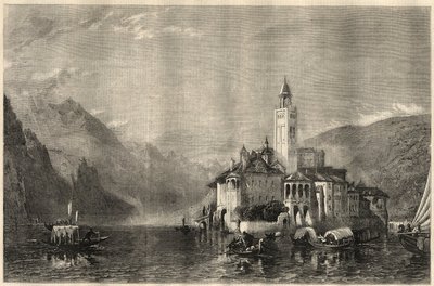 Näkymä Mater Ecclesiaen luostarista Saint Julesin (Saint Jules) saarella (San Giulio) Orta-järvellä (Cusiojärvi) Italiassa. Kaiverrus William Collingwood Smithin (1815-1887) maalauksen jälkeen. "The Illustrated London News" -lehdessä 22. maaliskuuta tekijältä Unknown artist