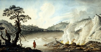 Näkymä solfatarelle, tuliperäiselle maastolle, joka kumpuaa kuumista savuista ja rikkikaasuista. Pozzuoli Napolin lähellä. 1800-luvulla. tekijältä Unknown artist