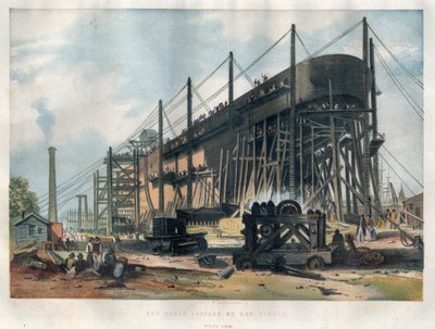 Näkymä Lontoon Thamesin telakalla rakenteilla olevan transatlanttisen linja-auton "Great Eastern" (Leviathan) perästä. Kaiverrus 7. marraskuuta 1857 julkaistuun kuvitettuun London News -lehteen. tekijältä Unknown artist