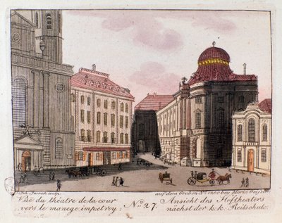 Näkymä teatterista ja pihasta kohti keisarillista maneesia Wienissä, Itävallassa. Kaiverrus 1815 Yksityiskokoelmasta tekijältä Unknown artist