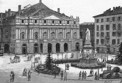 Näkymä La Scala -teatterista Milanossa, Italiassa. (Teatro alla Scala Milano) Kaiverrus teokseen "" The Illustrous World"" tekijältä Unknown artist
