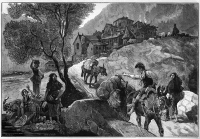 Näkymä Andorran tasavallan Andorra la Vellan (Andorra La Vella) kylästä ja sen andorralaisista. Kaiverrus "" Le Monde Illustré "" tekijältä Unknown artist
