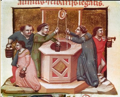 Kyläläiset raahaavat vettä kaivolla Miniatyyri Justinianus-koodista (Codex Justinianus), kokoelma lakeja ja instituutioita, jotka julkaistiin Bysantin keisarin Justinianus I:n (483-565) alaisuudessa tekijältä Unknown artist