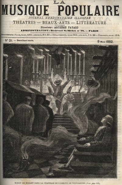 Wolfgang Amadeus Mozartin (1756-1791) visio Weingarten Abbeyn kappelissa (isot urut) Saksassa - kaiverrus maineikkaassa viikkolehdessä "" Popular Music"" - 1882 tekijältä Unknown artist