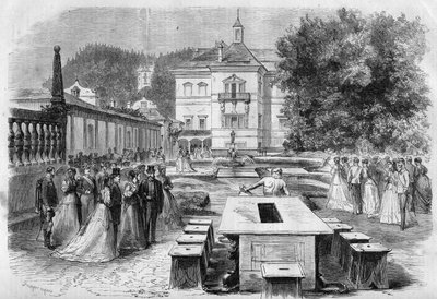 Keisari Francois-Josephin (1830-1916) ja Itävallan impressori Elisabethin (Sissi) (1837-1898) vierailu Ranskan impressin Eugenien (1826-1920) ja Napoleon III:n kanssa Hellbrunnin keisarilliseen asuinpaikkaan Itävallassa 21. elokuuta tekijältä Unknown artist