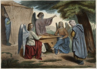 Kolmen enkelin vierailu Abrahamin luo: Abraham saa tietää, että hänen vaimonsa Saara (syvä), joka on jo hyvin vanha, antaa hänelle pian pojan. Anonyymi kaiverrus 1800-luvun puolivälistä. tekijältä Unknown artist
