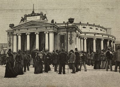 Kävijöitä Teatro Pompeianon edessä United Exhibitions -näyttelyssä Milanossa, Italiassa, kaiverrus Trevesin veljesten valokuvasta, L