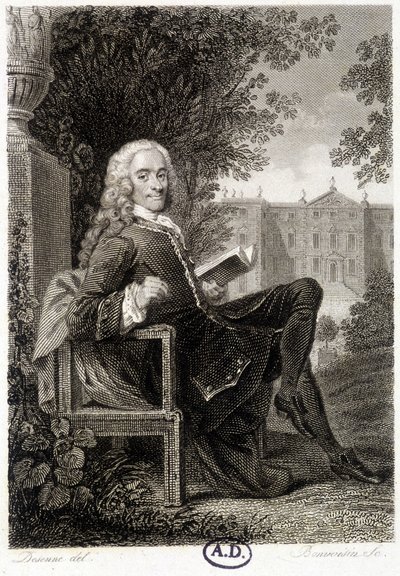 Voltaire lukemassa puistossa - kaiverrus tekijältä Unknown artist