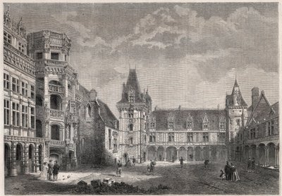 Ulkonäkymä Bloisin linnasta monumentaalisilla portailla - Kaiverrus "" Le Monde Illustrie"" tekijältä Unknown artist