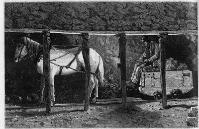 Wagonnet työskentelee Walesin hiilikaivoksissa. Kaiverrus "Le Journal de la jeunesse" tekijältä Unknown artist
