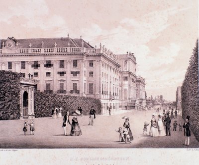 Kävelijöitä Schonbrunnin palatsin (Schoenbrunn) puistossa Wienissä. Itävalta. Printtejä 1800-luvun alusta Yksityiskokoelma tekijältä Unknown artist