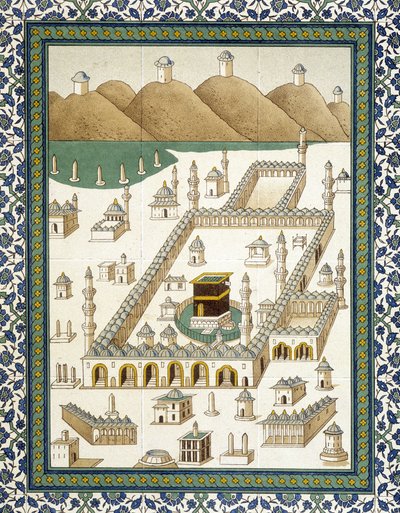 Seinäfajansit: paneeli, joka edustaa Kasbahia (kasbahia) ja sen ympäristöä (Mekka) - teoksessa "" arabitaite Kairon monumenttien mukaan 7.-1700-luvulla"", kirjoittaja Prisse d