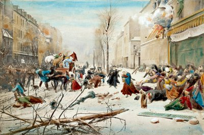 Sota 1870: Pariisin piiritys 1870, preussilaisten pommitukset. Pariisin asukkaat jättävät pommi-alueet lumen alle. 1800-luvun akvarelli. Pariisi, Musee de l