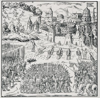 Uskontojen sota: Kuninkaan armeijan (Henry III) piirittämä Nîmesin kaupunki vuonna 1576 - "" Kokoelmassa 39 hahmoa, jotka edustavat Ranskan onnettomuuksia vuosina 1562–1586", Louis Perrin imprim. tekijältä Unknown artist