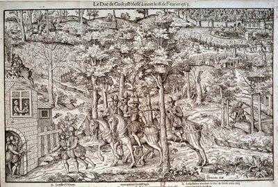 Uskonsodat 1562-1598 "" Francois I:n Lorraine (1519-1563) Guisen toisen herttuan salamurha 18.2.1563. Katolisen johtajan tappoi kalvinisti Jean de Poltrot de Mere tai Merey. Kaiverrus 1500-luvulta. Paris, B.N. tekijältä Unknown artist