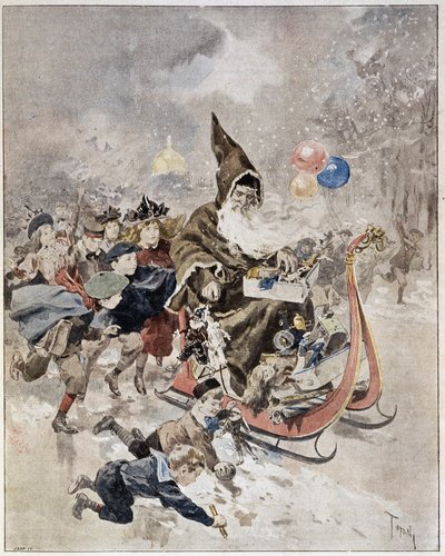 Joulupukkia kuvaava akvarelli. "" Kuvitettu maailma"". 21/12/1895. tekijältä Unknown artist