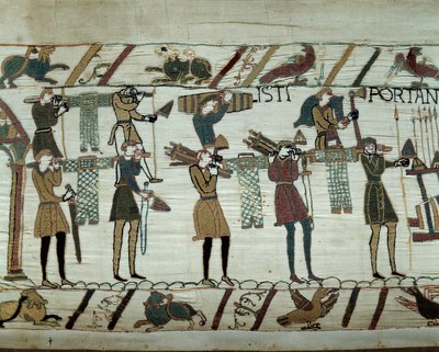 William Valloittajan (1027-1087) laivastot tuovat aseita ja viiniä laivoille Englannin valloitusta varten vuonna 1066. Yksityiskohta Bayeux