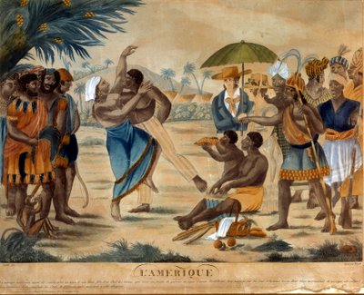 Häät mustan ja kreolin välillä. 1800-luvun kaiverrus. La Rochelle, Musee Du Nouveau Monde tekijältä Unknown artist