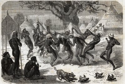Heimoon kuuluvien naisten tervetulotanssi Bakerin ja hänen vaimonsa palattua Albert-järveltä (Albert Nyanza). Engravure pour illustration le voyage au lac Albert, en 1861-1864, kirjoittaja Sir Samuel White Baker, teoksessa "Le tour du monde, nouveau journa tekijältä Unknown artist