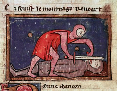 Poitiersin William V, jota kutsutaan Suureksi (960-1030), leikkaa vihollisensa Marchen kreivi Boson II:n (988-1008) kielen vuonna 1008 Miniatyyri otettu teoksesta "The Moinage of William" (ms. 1025) 1200-luvun Milano, Biblioteca Trivulziana tekijältä Unknown artist
