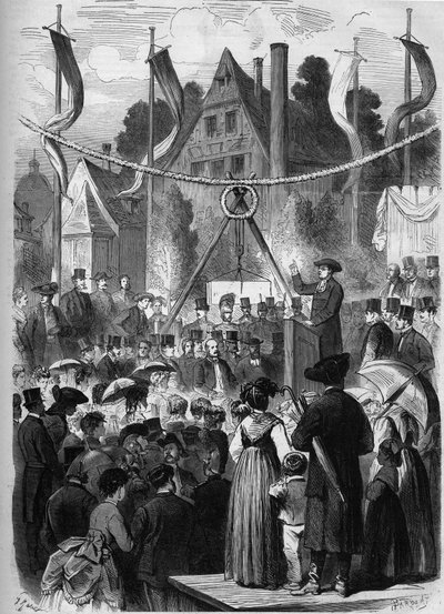 Wissembourg, Alsace, Ranska 1869: Israelin temppelin ensimmäisen kiven laskeminen. tekijältä Unknown artist