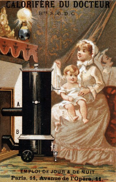 Nainen ja lapsi lämmittävät sisätiloissa, mainos "lääkärin kalorifere", v. 1895 tekijältä Unknown artist