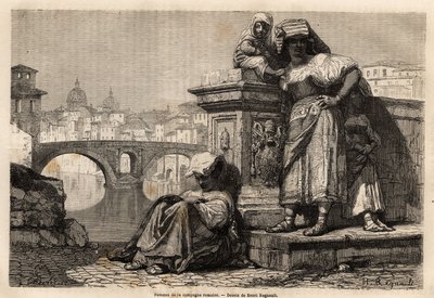 Rooman maaseudun naiset ja lapset lepäävät Tiberin reunalla horisontin takana: Vatikaanin Pietarinkirkon kupolit. Kaiverrus havainnollistamaan matkaa Roomaan, Francis Wey, 1864-1868, julkaistu "Le tour du monde, no" tekijältä Unknown artist