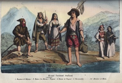 Naiset ja miehet perinteisissä sisilialaisasuissa - Kalastaja Palermosta, paimen Palermon ja Trapanin välillä, nainen Trapanista, kalakauppias, Maltan asukkaat. kaiverrus kirjasta "" Kaikkien maailmankaikkeuden kansojen tavat ja perinteet. Se on hallitukse tekijältä Unknown artist