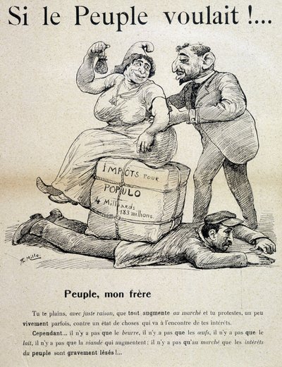 Työntekijä murskattu "verot väestölle" - sarjakuva, 1800-luvun loppu tekijältä Unknown artist