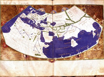 Kreikkalaisen tähtitieteilijän ja astrologin Claudius Ptolemeuksen (Claude Ptolemee, 90-168 ap JC) maailmankartta - Tasaisen maan esitys ilman pohjois- ja etelänapaa ja ilman Amerikkaa Sisältää - 1400-luvun käsikirjoitus - Venetsia, Biblioteca Marciana tekijältä Unknown artist