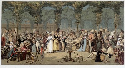Maailmankävely kuninkaanlinnan puutarhojen läpi, 1700-luvun lopulla - kromo Debucourtin kaiverruksen jälkeen tekijältä Unknown artist