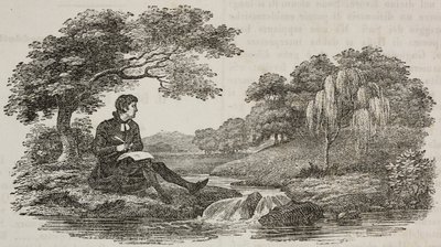 Kirjoittaja puun alla virran edessä, kuvitus Universal Theatresta, Encyclopedic and scenografinen kokoelma, nro 575, 19. heinäkuuta tekijältä Unknown artist