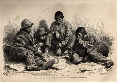Nuoret intiaanit Cerro de Pascosta (Perun keskusta), kokoontuvat aamiaiselle. Kaiverrus Les iles Chinchaa havainnollistava, L.Simoninin rektori vuonna 1860, julkaistu "Le tour du monde, nouveau journal des voyages" -lehdessä, toimittanut Edouard Charton tekijältä Unknown artist