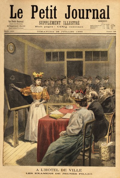 Nuorten tyttöjen kokeet Pariisin kaupungintalossa. Kaiverrus "" Le petit Journal" -lehdessä 28/07/1895. Selvan kokoelma. tekijältä Unknown artist