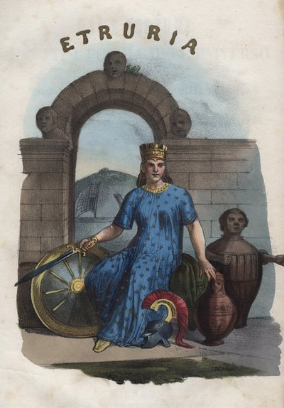 Allegoria Etruriasta - kaiverrus kirjasta "Universumin kaikkien kansojen käyttö ja tavat". Eli kaikkien kansojen hallituksen, lakien, miliisin, uskonnon historia kaukaisimmista ajoista nykypäivään "1856 tekijältä Unknown artist