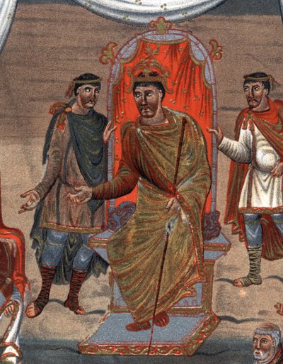 yksityiskohdat: Kaarle II Kalju (823 - 877), Ranskan kuningas, joka vastaanottaa munkkien valtuuskunnan Toursista.Fac-Simile 1800-luvun kromolitografiassa 1800-luvun pienoismallin jälkeen, joka on säilytetty B.N. Pariisista. tekijältä Unknown artist