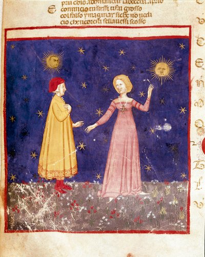 ensimmäinen taivas: Dante tapaa Beatricen paratiisissa. Valaistu sivu, joka havainnollistaa Paratiisin laulua Dante Alighierin (1265-1321) "Divina Commediasta". 1300-luku, Venetsia, Biblioteca Marciana tekijältä Unknown artist