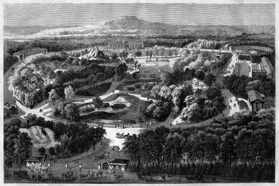yleiskuva Napoleon III:n vuonna 1860 tarjoamasta ja vihkiämästä Bois de Boulognen sopeutumispuutarhasta, jossa yhdistyvät luonto, rehevä kasvisto ja eksoottiset eläimet "" l